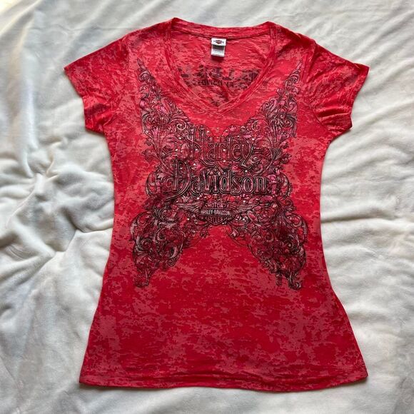 Vintage Y2K Harley Davidson red burnout rhinestone butterfly vneck size Medium - Picture 1 of 8